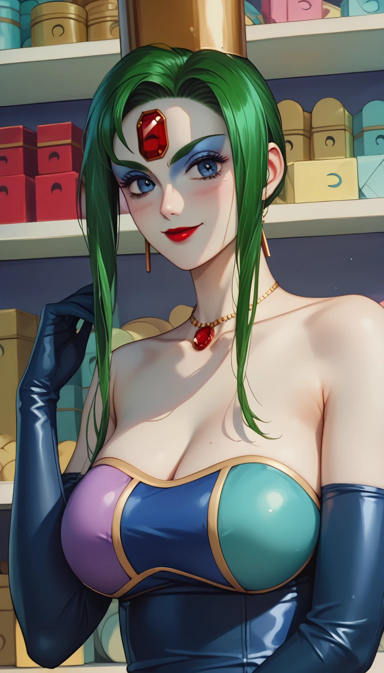 (masterpiece,best quality,ultra-delicate,Perfect Face,16k,high resolution,very beautiful woman), Atsugessho:1.3,deep green hair,blue latex bodycon dress, long latex gloves, green tights, (huge breasts,sexy pose), gold headpiece, pale blue skin, red gem on forehead, pink mist, ((cosmetics counter)), holding large red ball on rope, necklace, smirk, (extremely glossy)
