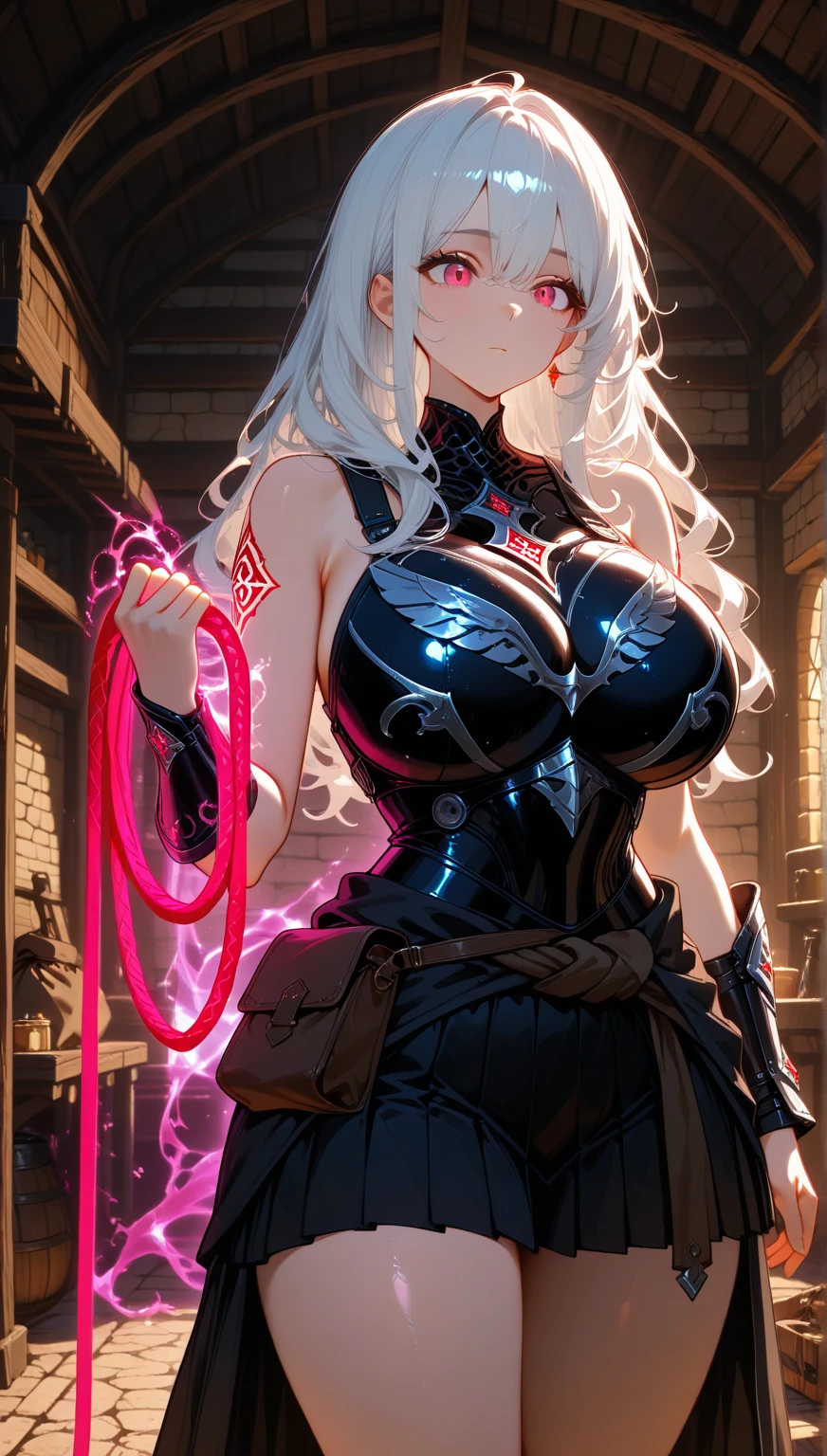 Young girl, long blonde hair, blue eyes, red jacket, sleeveless, skirt, lot of tattoo, dragon tattoo in arms, open breasts, wide neckline, boob window, window in chest, smirk, magic claws, magic tail, small breasts, Masterpiece, best quality, Full HD, 8k, ultra details, great graphic