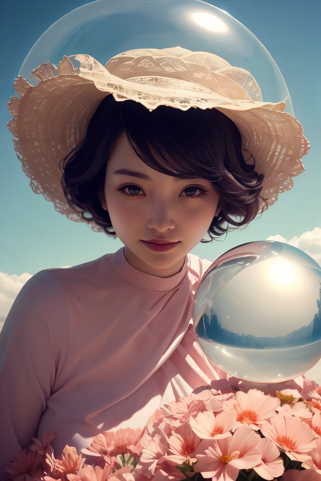 382 (20 year old woman),(short hair),(gentle smile),(high quality photos),( cinematic pictures playing on the lawn ),(colorful),(Crystal Ball),((contrast between light and shade))