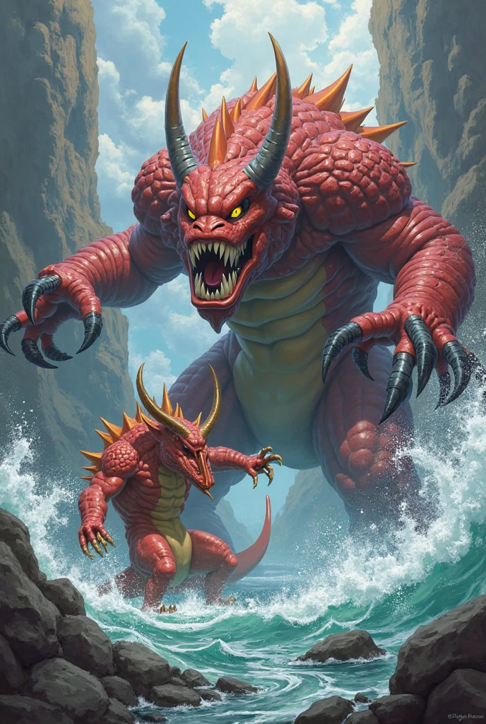 A lizardman with a fish helmet duels in the arena