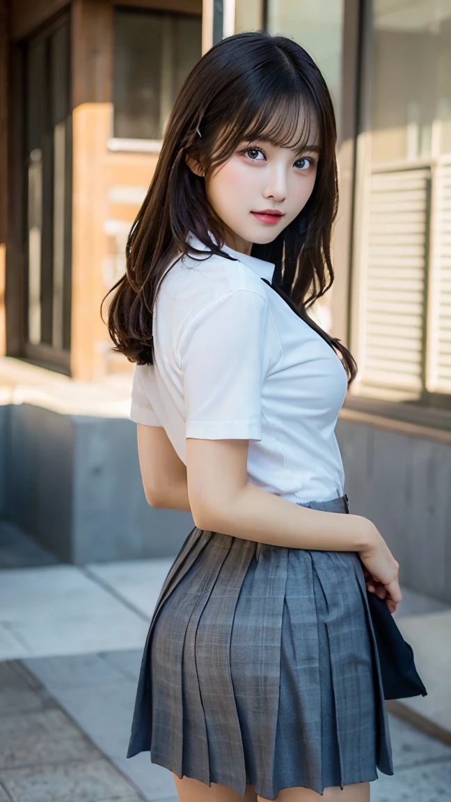 ((top-quality、8K、masterpiece:1.3))、foco nítido:1.2、Beautiful Women in Perfect Style:1.4、Slender Abs:1.2、((dark brown hair、Colossal tits:1.2))、(natural soft light、City Street:1.1)、Highly detailed facial and skin texture、A detailed eye、二重まぶた、Sexy schoolgirl in miniskirt sailor suit、A slight smil,Facing backwards,Wearing T-back panties,Sexy ass visible