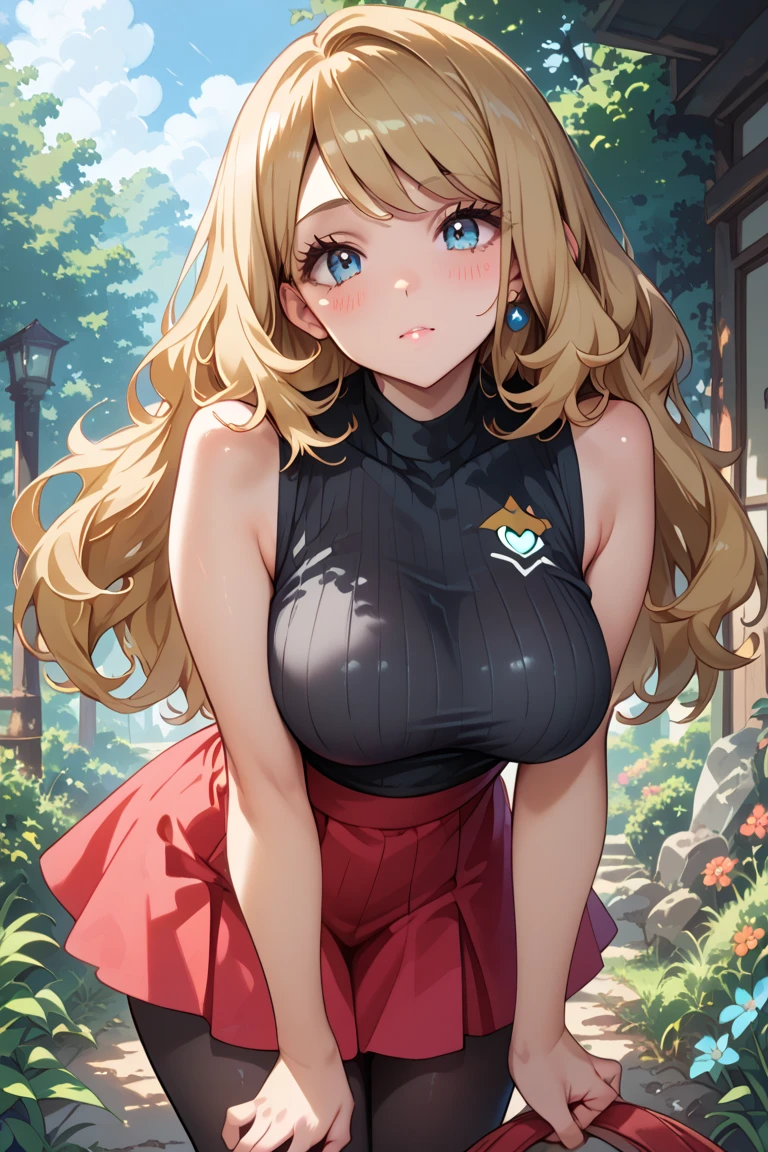 Blown by the long wind [blue-black:.3] hair,Looking at Viewer, (masutepiece:1.3), (8K, Photorealistic, Raw photo, Best Quality: 1.4), Japanese, (1girl in), Beautiful face, (Realistic face),{Wavy medium hair|Bob with long bangs|short hair with long bangs}{Black hair|Brown hair|Blonde hair}, Beautiful hairstyle, Realistic eyes, Beautiful detailed eyes, (Realistic skin), Beautiful skin, Attractive, 超A high resolution, A hyper-realistic, Highly detailed, Golden ratio,Sakura Haruno,1人,tiny chest,Perfect body,narrow waists,Sexy body,light pink hair,Green eyes,symmetry face,sharpness,foco nítido,Highly detailed attire,Cute smile,look at viewr,Cesa,erect through,Beautiful garden in the background,Dark blue diamond on forehead,black gloves,red hairband,Red sweatpants,White and red skinny tank top,Sleeveless,Shortening the tank top,full bodyesbian,full-length portrait,