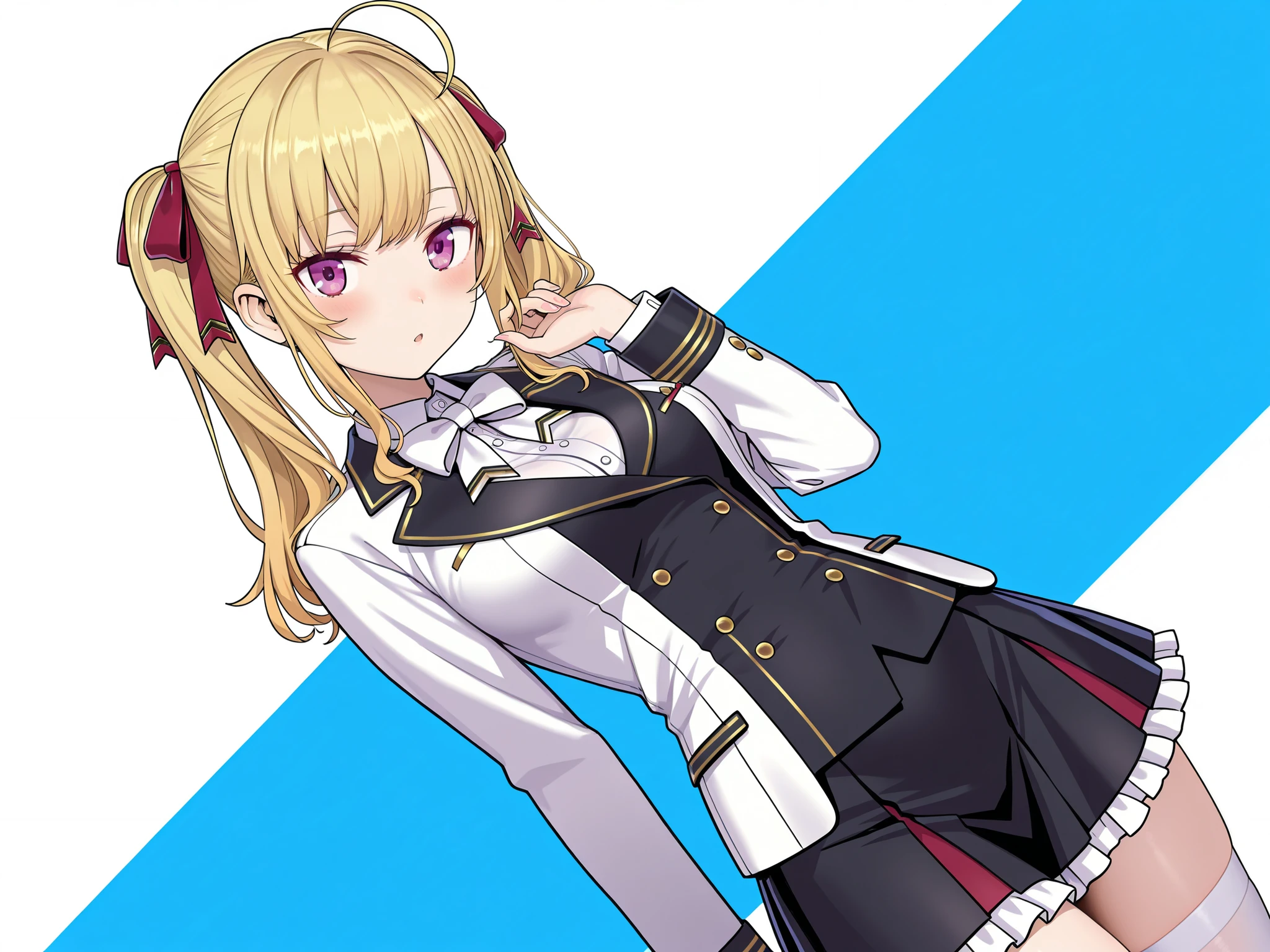 masterpiece,best quality, amazing quality, highres, absurdres, very aesthetic, high resolution, ultra detailed, perfect details,nijirion,medium breasts,purple eyes,blonde hair,twintails,ahoge,hair ribbon,nijirioncos,white shirt,white bowtie,white jacket,black lapels,button,black skirt,frilled skirt,miniskirt,white thighhigh,