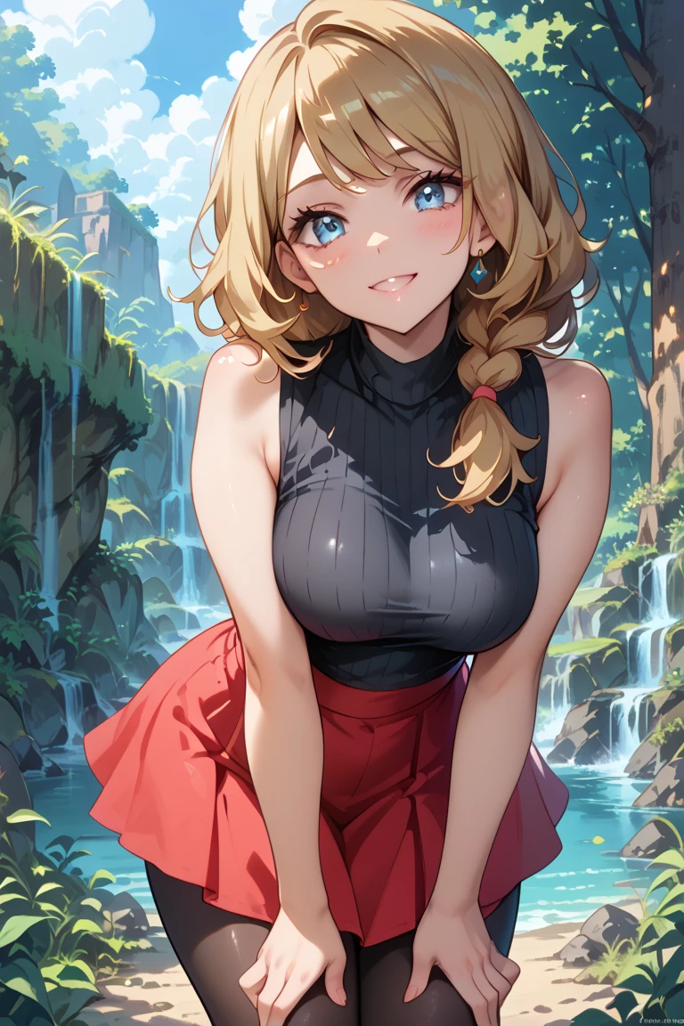1woman,super beautiful, waterfall background,at night,standing,morning,Expression of surprise, teeth showing, smile ,half body photo,Beautiful eyes, very detailed face,cute, tennis skirt,HD face, perfect face,black t-shirt,black t-shirt,Plain t-shirt,black mini skirt,Very big breasts,Blonde hair,long hair,wavy hair,bangs,blue eyes,ultra detail,ultra Hd, masterpiece,4k