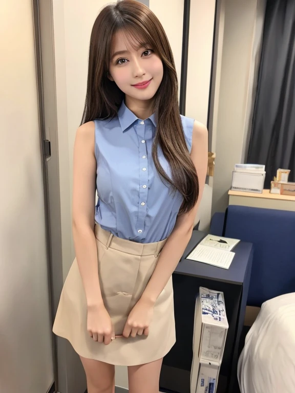 masterpiece, Highest quality, figure, Very detailed, The finer details, High resolution, 8k,wallpaper, Perfect dynamic composition,(Detailed high quality:1.3)、Seraphim, (The background is an empty hotel bed:1.3), Deep in the field, Black hair color, Big Natural Color Lip, (Perfect figure), (smile)、Harajuku Style, Adorable expression、Expressions of happiness、Amazingly cute、Cute type、Beautiful feet, Idol Sculpture、(Big Breasts:1.5)、(A sleeveless, tight business shirt and a short, tight skirt:1.5)、(Erect nipples)