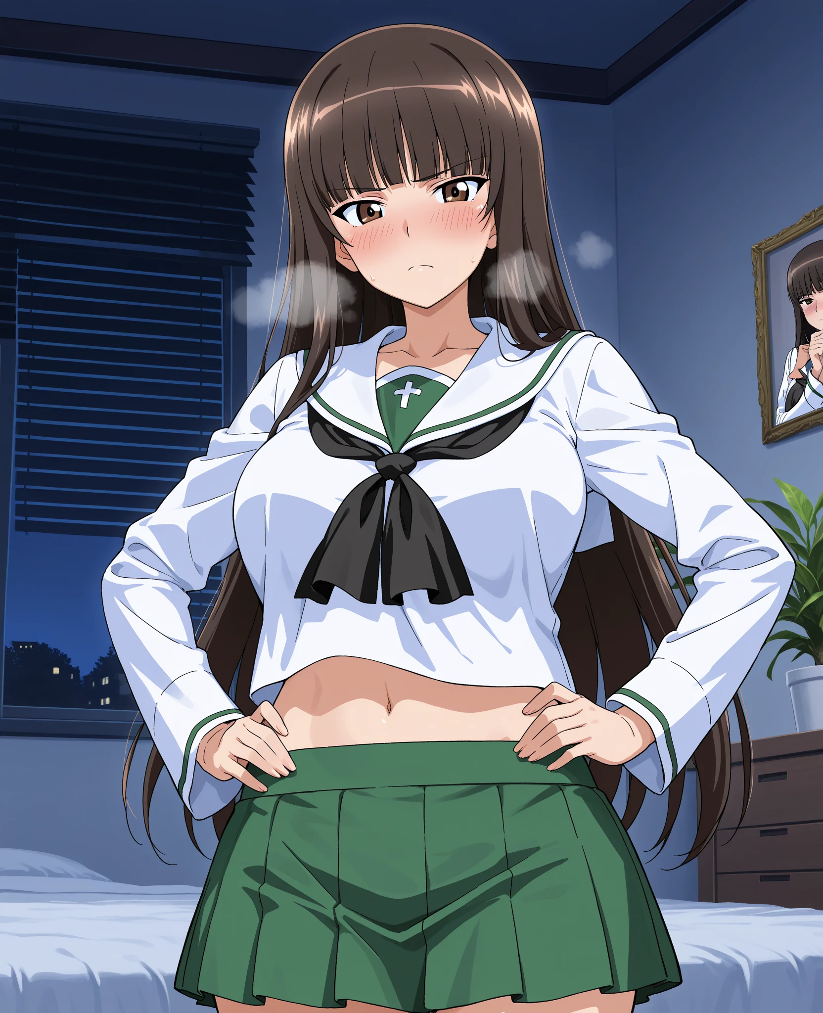 1girl, olnarberal, long hair, blush, lipstick, masterpiece, best quality, highly detailed, a anime girls in sailor uniforms with a gun posing for a picture,
evil smile, smile, open mouth,black_serafuku, ecchi anime style, anime girls , (nsfw) not safe for work,
ecchi style, ecchi, shipgirls, digital anime art!!, high school girls, holding a gun, hold a gun, anime style 4
k, micro skirt, exposed belly, exposed navel, exposed midriff,
exposed lower belly,school, classroom, navel piercing