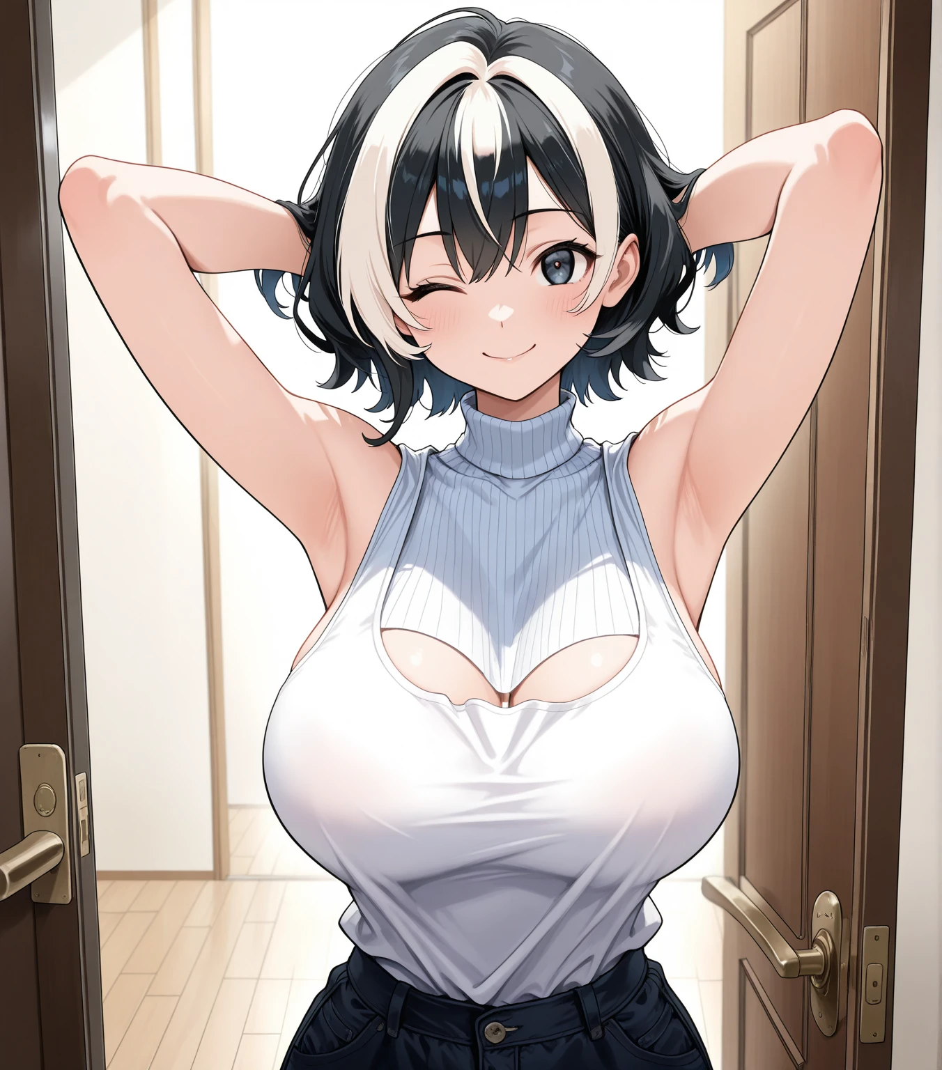1girl, solo, (tomboy:1.2), (upper body:1.2), standing,
short hair,
looking at viewer,
smile, closed mouth, ntrgao,
huge breasts, gigantic breasts,
white shirt, shorts, denim,
indoors,