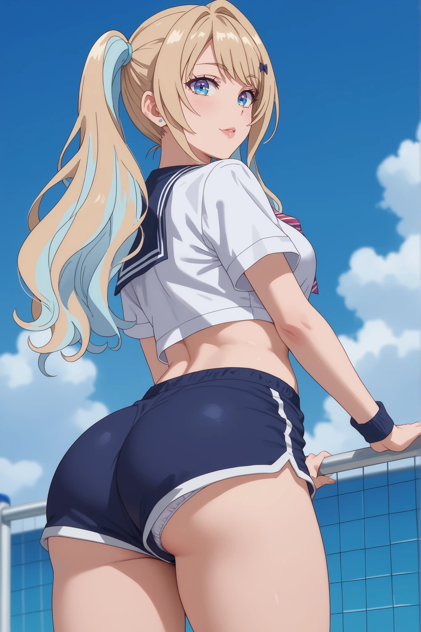 obra-prima , best quality, 1,luna shirakawa, upshorts, Look at the white panties , with the back ,Very loose shorts showing part of the underwear,looking at the viewer,Blonde hair with light blue highlights,Very tight shorts,school uniform,tight blue gym shorts, swimwear