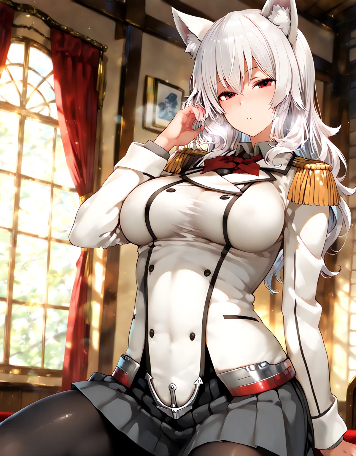 masterpiece, best quality, highres, 1girl, virtual youtuber, bangs, belt, black footwear, boots, breasts, collared shirt, black sweater, eyebrows visible through hair, gloves, hair between eyes, hair ornament, hair ribbon, hairclip, jacket, labcoat, long sleeves, looking at viewer, open clothes, pantyhose, red eyes, shirt, solo, white gloves, white jacket, white shirt, glove, long sleeve, open clothing, bangs between eyes, grey hair, gray hair, white hair, medium hair, shoulder-length hair, silver hair, twin braids, twinbraids, twinbraid, twin braid, low twintails, crossed legs, crossed legs \(sitting\), crossed legs \(standing\), crossed legs \(lying\), sitting, sit, sitting down, arms behind back, hands behind back, arms behind, boobs, tits, breast, medium breasts, neck ribbon, red eye, closed mouth, frown, frowning, tights, boot, naked boots, indoors, bedroom