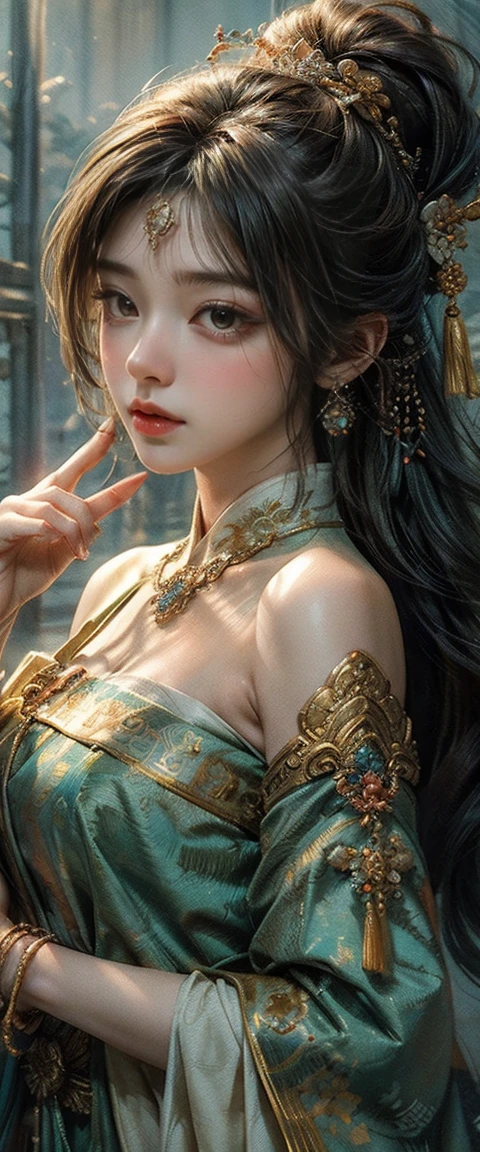 High quality, masterpiece, masterpiece, exquisite facial features, exquisite hair, exquisite eyes, exquisite color hair, 4K picture quality, gorgeous light and shadow, Tyndall effect, halo, messy hair, young state, gorgeous scene, exquisite clothes, chains, feathers, ancient chinese beauty with big eyes very detailed, digital painting, artstation, concept art, sharp focus, illustration, art by greg rutkowski and alphonse mucha and victo ngai