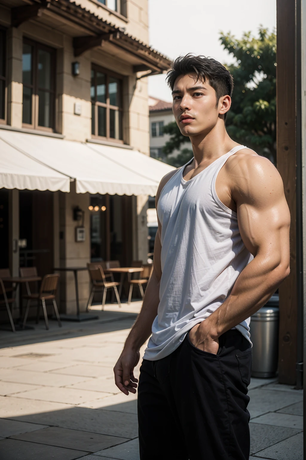 high resolution、Realistic handsome Japanese men、Training、Dressed in a tank top and training pants、short-haired hair