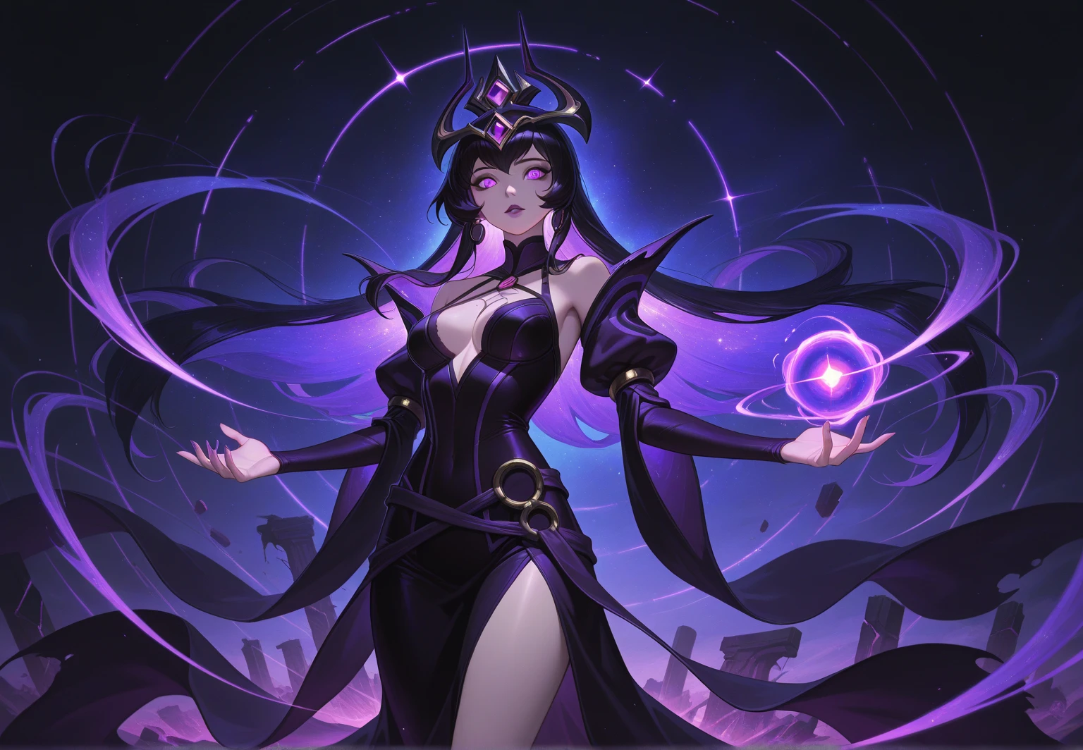 LeBlanc is a slender with dark purple shoulder length hair, golden eyes and paper-like white skinned woman, hence her moniker The Pale Woman. She wears notorious noble raiment with a distinct purple, black and gold palette. The most distinct ornament on her attire is her golden three point crown. She also owns a metallic staff with floating jewels on its tip.