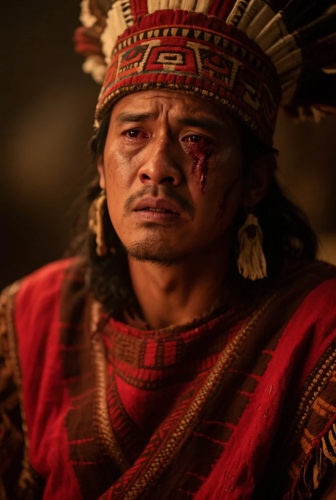 Create an ultra HD, 12K hyper-realistic photograph depicting a scene of an ancient Javanese man. The man, wearing traditional attire (wdihan), is portrayed in a majestic manner, with only the lower part covered in dark brown cloth. He is shown stabbing a sleeping man in the chest, who displays an expression of pain. The background features a classic Thai royal palace adorned with ancient Hindu ornaments, portraying naturalistic and emotional elements. The image should be dramatic and expressive, capturing the essence of hyper-realism.