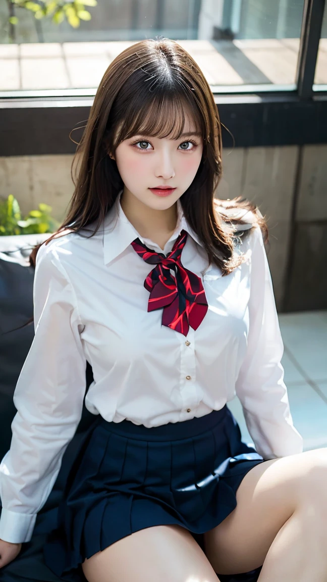 (masterpiece, highest quality:1.2), 8K, official art, RAW photo, incredibly absurd, (whole body, high school uniform:1.4), beautiful girl, 18-year-old、cute face, arch back, white shirt、navy pleated skirt, close, , long sleeve, gardenia, violaces, pool、sit on a chair、looking at the viewer, film grain, chromatic aberration, sharp focus, face light, dynamic lighting, cinematic lighting, detailed eyes and face, background bokeh, (1 dark red bow tie:1.2)、(heavy rain、dark sky:1.5)、one girl、blush、look at the viewer、(huge breasts:1.2)、wet hair、shiny hair、wet face、wet skin、wet body、wet costume、flower、hairpin、necklace、earrings、Depth of bounds written、尖ったred mouth、red mouth,clavicle、beautiful fingers、Loosen your tie、cute wet face、Wet clothes that stick to your chest、Wet and see-through clothes、short hairstyle