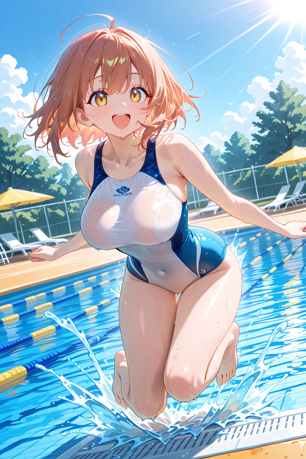 masterpiece, best quality, ultra high res, ultra-detailed, outside pool, sunset, beautiful port city landscape, rizu, slut, solo, (orange hair, blue eyes, glasses: 1.4), red lipstick, red eyeliner, (gigantic tits and giant cleavage: 1.4), hairy pubic hair, (very soggy blue transparent competitive swimsuit: 1.5), looking at the viewer, sexual alluring expression, moaning, pleasure face, horny, very erotic face, wet, (rizu is spreading her legs open wide on the poolside showing her pussy and squirting piss while looking at the viewer with a very pleasure face and sexual horny open mouth with tongue out: 1.6), (bottom close pussy photo: 1.5)