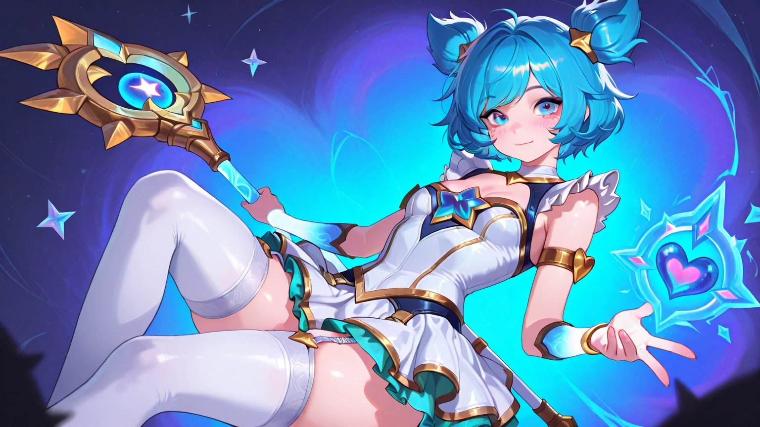 ((masterpiece,best quality)), absurdres, Vados_DB, solo, ponytail, blue skin, looking at viewer, smile, stars and space in background, cinematic composition, naked, full body, lying, sexy, pussy
