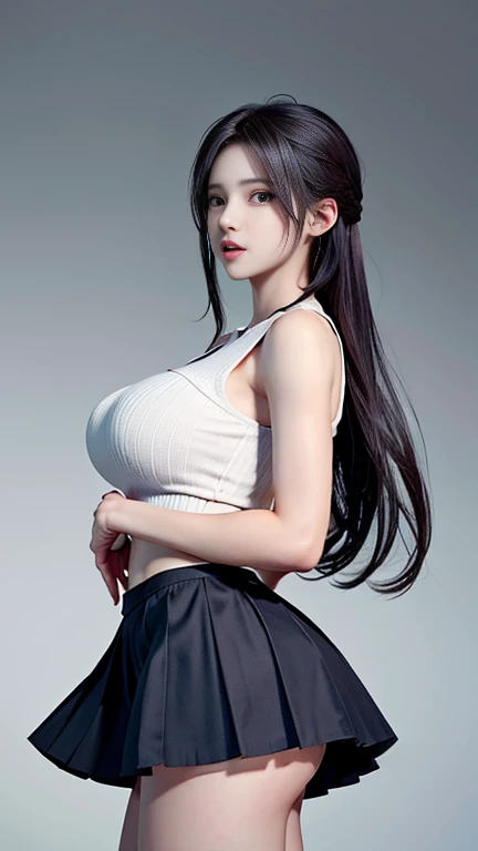 Italian girl, 25 years old, very long black hair, gigantic breasts, thin, wearing a white shirt and a pleated black miniskirt, is tied to the altar of a megalithic circle