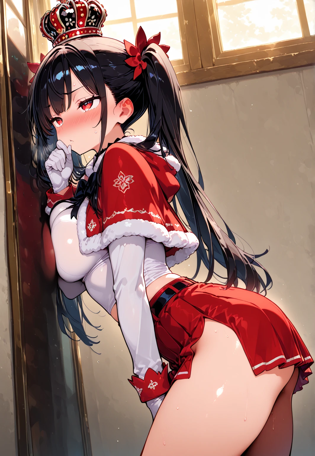 Reimu Hakurei、One Woman、Cute Woman、Thick thighs、Best image quality、High resolution、masterpiece、super high quality、Squat with your legs apart、Super big ass、White bra、White panties、Panties are visible through a very short pleated skirt、Big Ass、Large Breasts 、Blushing、4K quality、Blushing、Proud face、Wearing black knee socks、bed、Squat with your legs apart、Panty shot、Sweaty all over、Heavy breathing、Chest is bobbing up and down、heart、Condescending look、Low Angle、Zoom in on the crotch、(From below:1.4)、Sit on the living room sofa with your knees raised, Spread your legs、(Back pose:1.3) or (Back view:1.2)