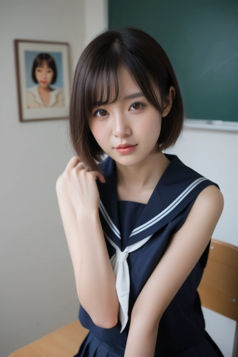 Photorealisticistic beautiful female student、18-year-old、Stunningly beautiful、Beautiful body、(Highest quality、8k、32K、masterpiece、Hmph:1.3)、Ultra-high resolution,(Photorealistic:1.4),RAW Photos, Detailed face,,Beautiful Hair,, ,Very short hair 、Very short hair、Stunningly beautiful二重まぶた、Beautiful nipples、 Natural Makeup,, Small and perfect breasts, Wet Hair、Detailed Background, Perfect lighting, Written boundary depth, Beautiful shadow gradation、Thin limbs、Thin thighs、(whole body)、((Sailor uniform))、Very wet body、(School classroom、sit at a desk and chair to take a class、Barely)、Beautiful slim perfect body、Beautiful high nose、Side view、Big Breasts、Drenched in sweat