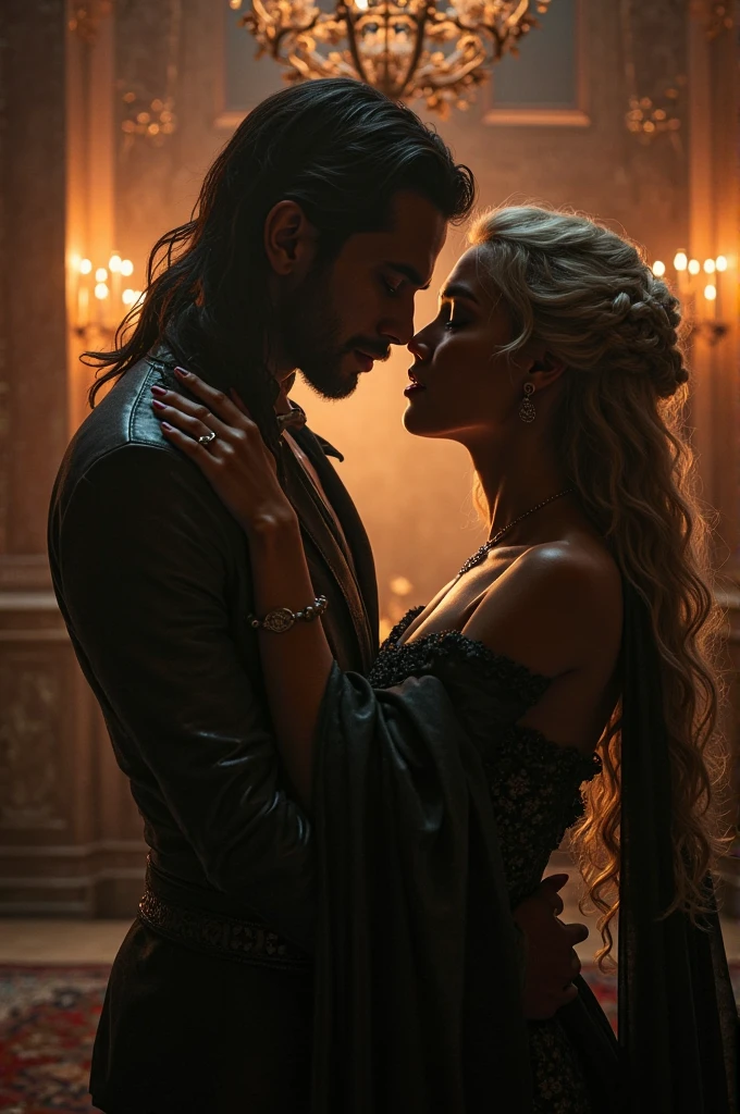 Jack of Shadows at the Sign of The Burning Pestle inn with his arm around the waist of Evene the beautiful mysterious half naked blonde witch,medieval