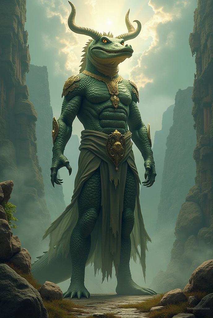 A snake man with a tail and no legs, a trident and a shield a light armor