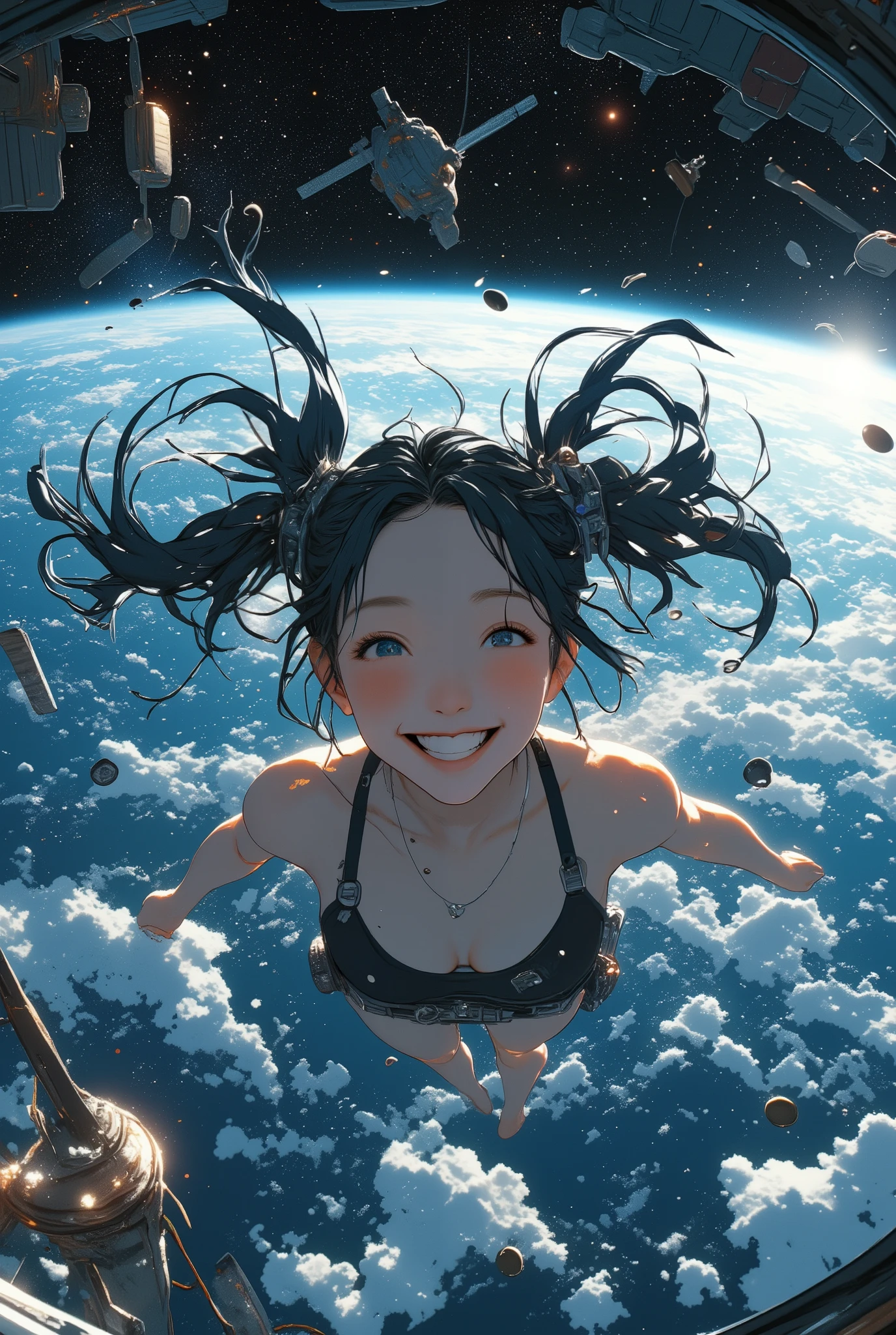 a medium close-up of a young woman with twin tails in a swimsuit, floating freely in outer space without a space suit, Earth fully visible behind her in sharp photorealistic detail, stars and satellites scattered in the background, her hair and water droplets suspended in zero gravity, dramatic lighting from the sun casting sharp shadows and glows, no helmet or gear, expression of pure joy and freedom, surreal and hyper-realistic atmosphere, cinematic film still quality, impossible contrast between realism and absurdity, aidmamj6.1