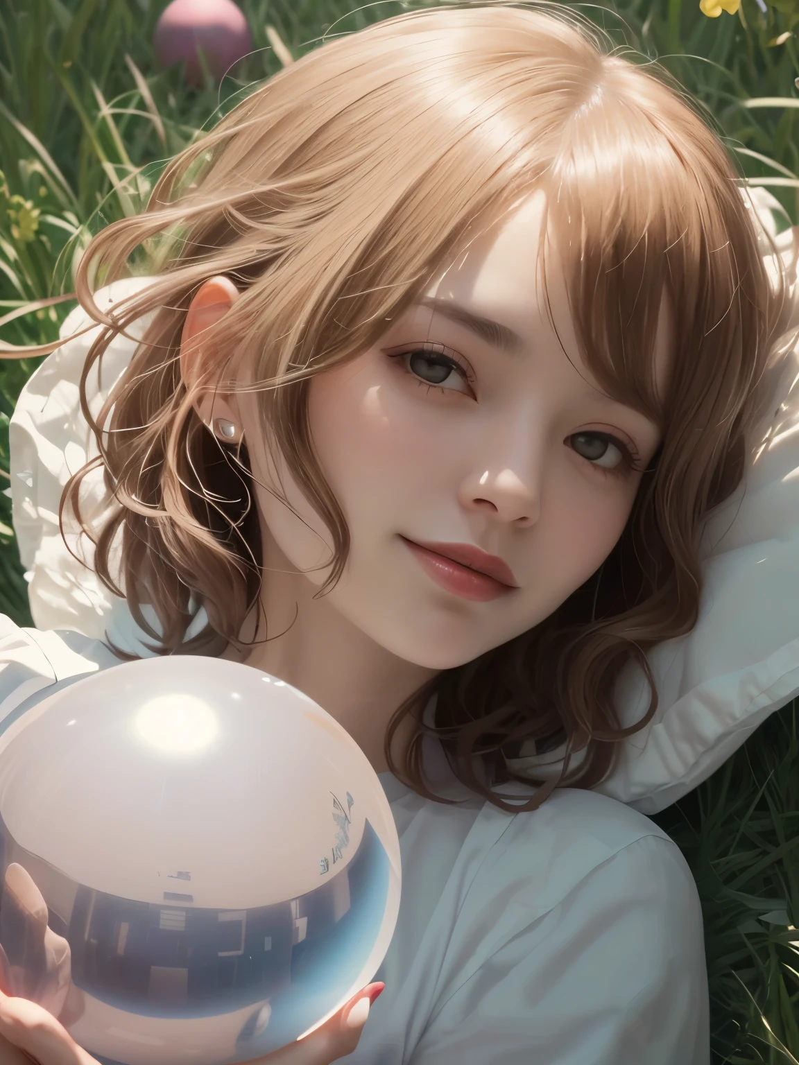 382 (20 year old woman),(short hair),(gentle smile),(high quality photos),( cinematic pictures playing on the lawn ),(colorful),(Crystal Ball),((contrast between light and shade))