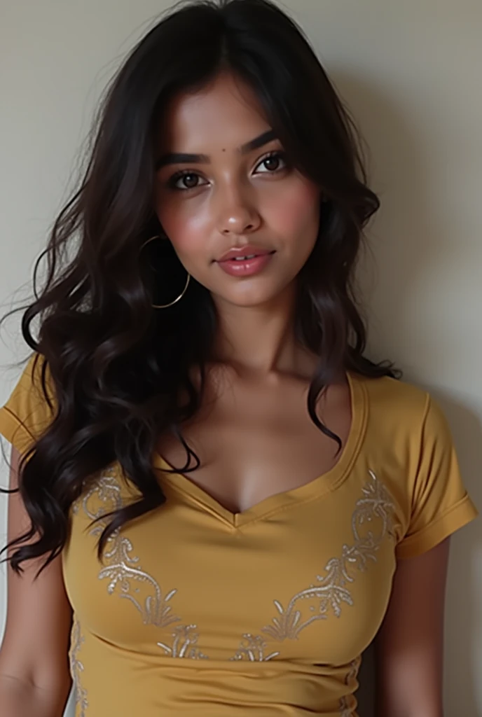 Crea una chica latina de piel morena, con cabello negro y ondulado, con ojos marrones con un gato'Mirada, con cuerpo voluptuoso, en ropade color amarillo