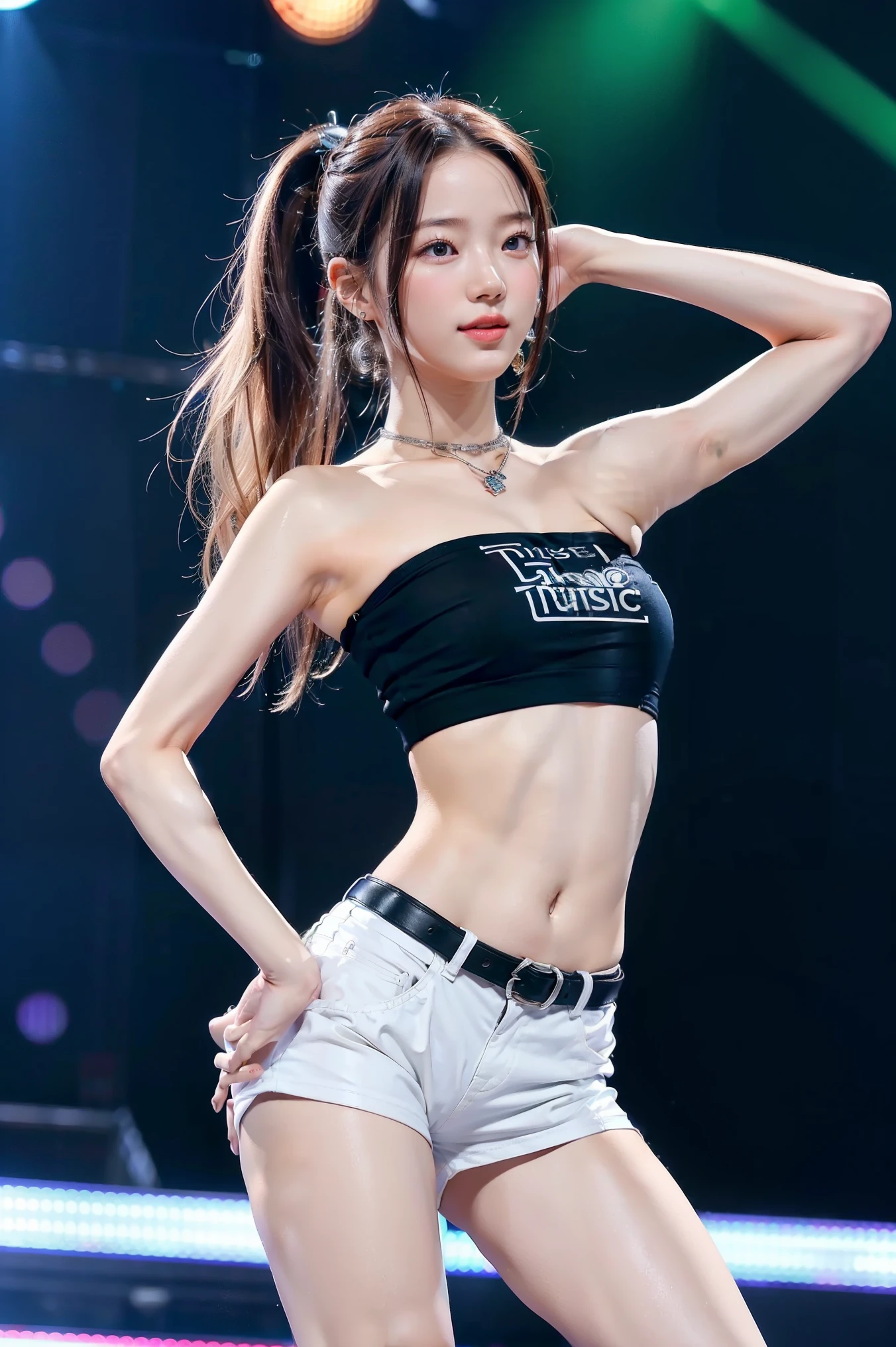 (8K), (highest quality: 1.2), (Realistic), (Realistic: 1.37), Ultra-high resolution, 1 girl, cute, (Embarrassed smile:1.2), (Blushing:1.4),Mouth closed, Beautiful details, Beautiful Nose, (white gold long hair:1.5), giant dulcefo, Thighs,Navel exposed,(White tank top:1.5),Black leather hot pants,(Black long boots:1.2),(Dancing on concert),(Shiny Thighs:1.2),Beautiful white skin,(punk fashion:1.5)