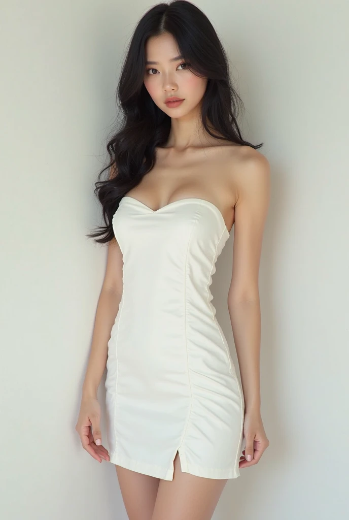 create an extremely beautiful Korean idol woman, with light skin, long hair down to the waist, black in color, wearing a short, tight white dress, with an hourglass body shape and light sparkles on the white dress