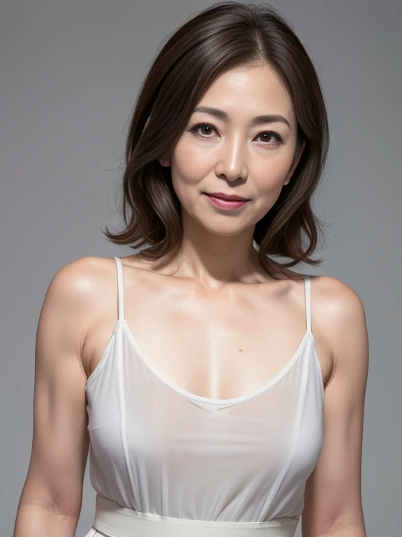 High resolution, high resolution, Attention to detail, masterpiece, Rough skin, Anatomically correct, sharp,
Gray background
((Japanese Mature, 50 years old)), alone, ((Facial wrinkles)), Shapely large breasts, Straight light brown hair reaching to the shoulders, Chubby body type, (((Stand upright, Facing the center of the screen.))), Staring straight ahead with an open mouth and a tired face,
Summer camisole, white summer skirt,