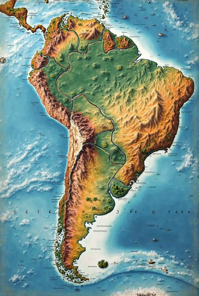 Create an image representing the different morphoclimatic domains of Brazil according to Aziz Ab'Saber'sabias, The domains should be separated, forming a large puzzle, where each piece represents a different domain. A pair of macaws fly over the scene