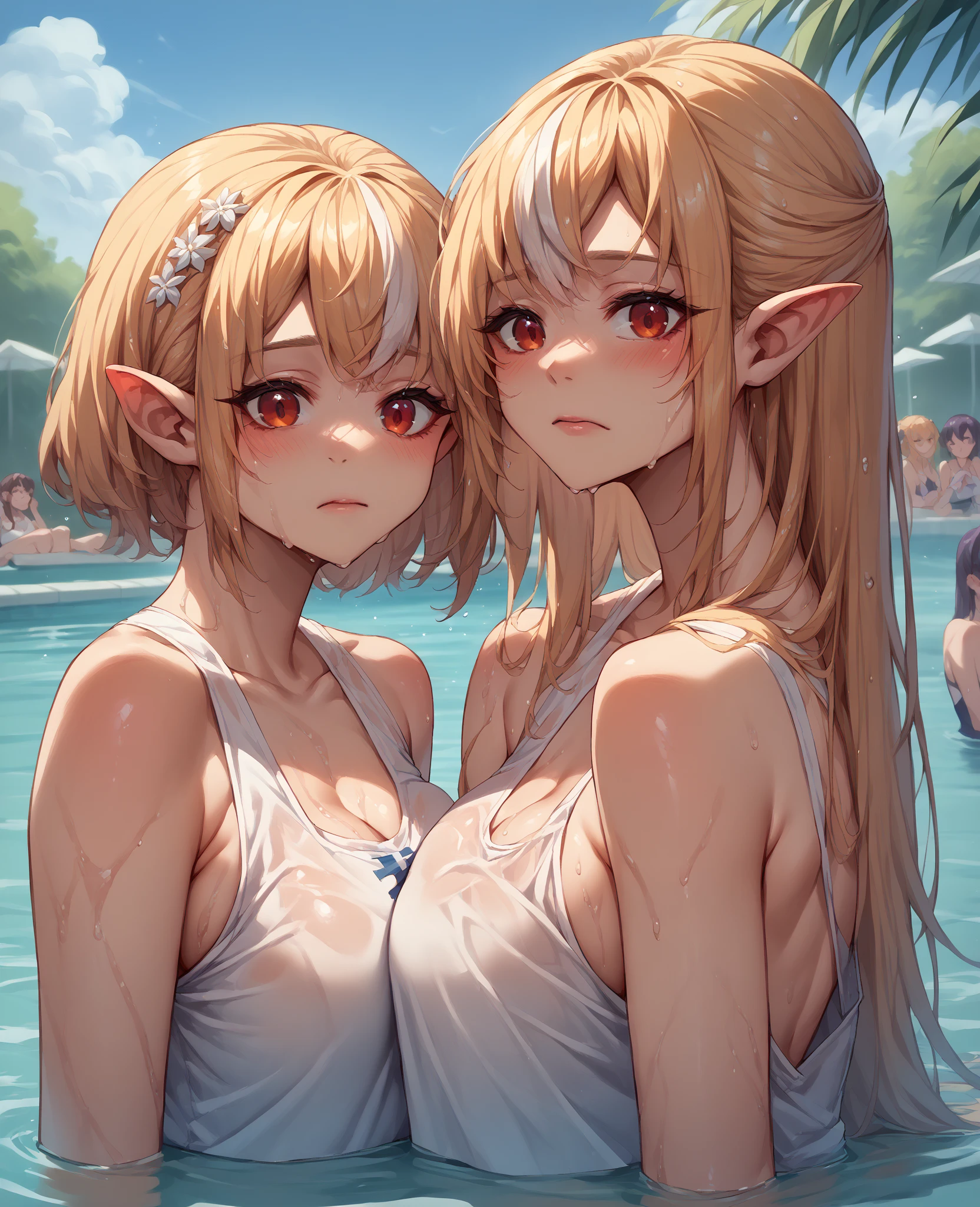 score_9, score_8_up, score_7_up, source_anime, best quality, masterpiece, official art, absurdres, highres, ultra-detailed,waifu2x,Collection: Slice of Life,break,1girl, elf, short hair, slender, androgynous, expressionless, small breasts, beautiful detailed eyes, nude, stand, wet, open mouth, sleepily, outdoors, water,water drop, forest, spring,break,(clear line illustration:1.2), super detailed skin,very high resolution, very aesthetic, Best sexual lighting powered by famous artist, 8k,cute picture,beauty illustration,photoshop_(medium),,(Detailed Lighting),best anime 8k konachan wallpaper, pixiv contest winner,