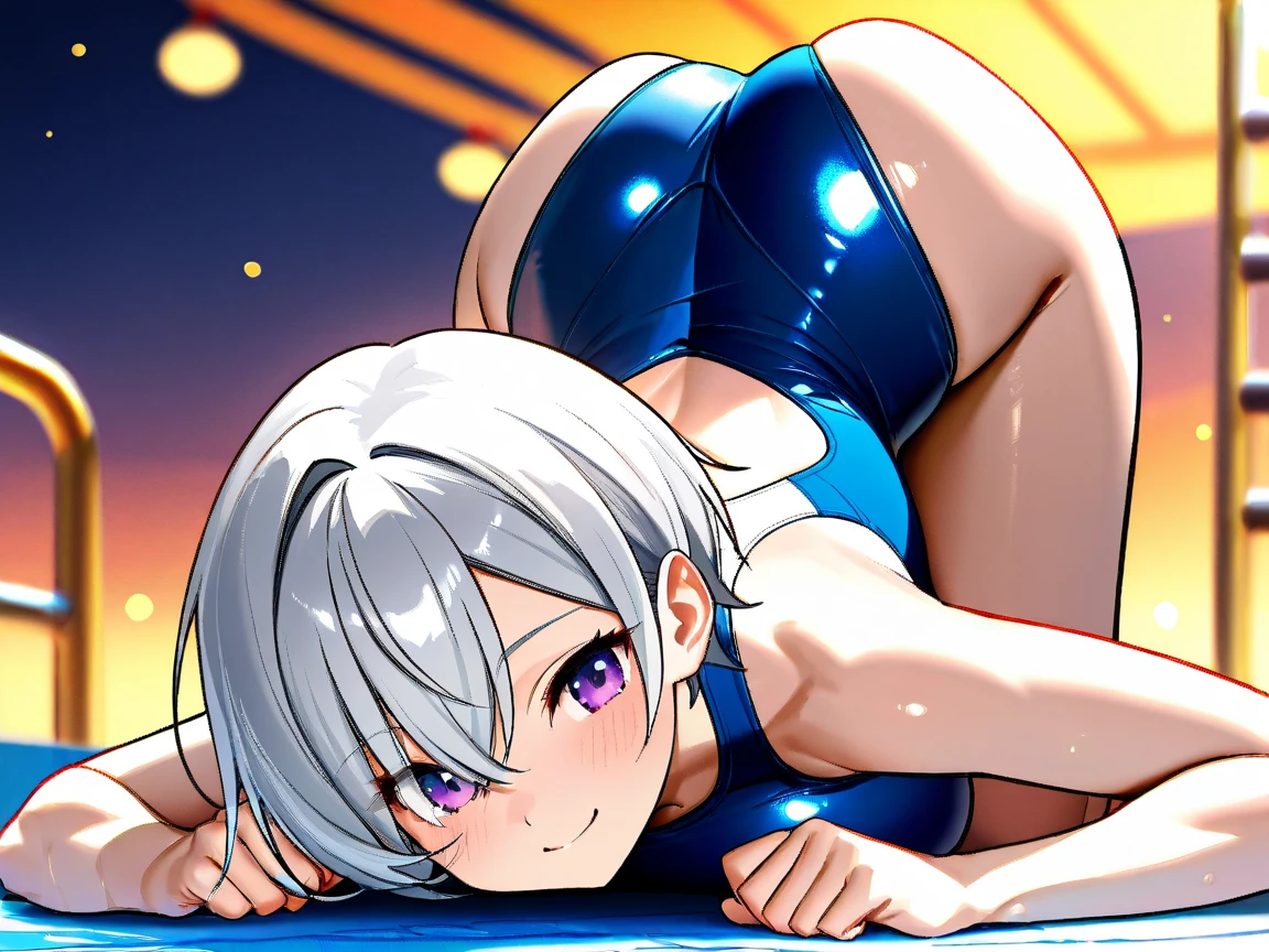 score 9, score 8 up, score 7 up,score_6_up, source_anime, anime screencap, anime coloring, parody, official art, megami magazine, flat shadows,shiny skin, hair ribbon, swimsuit, one-piece swimsuit, sayaka, white and blue background, abstract background, swimsuit pull, medium breasts,wet, looking at viewer, blush,stadium, red platform, water, ass, ass focus, jumping, from behind, looking back, in motion, speed lines, motion blur, motion lines,close-up of ass,