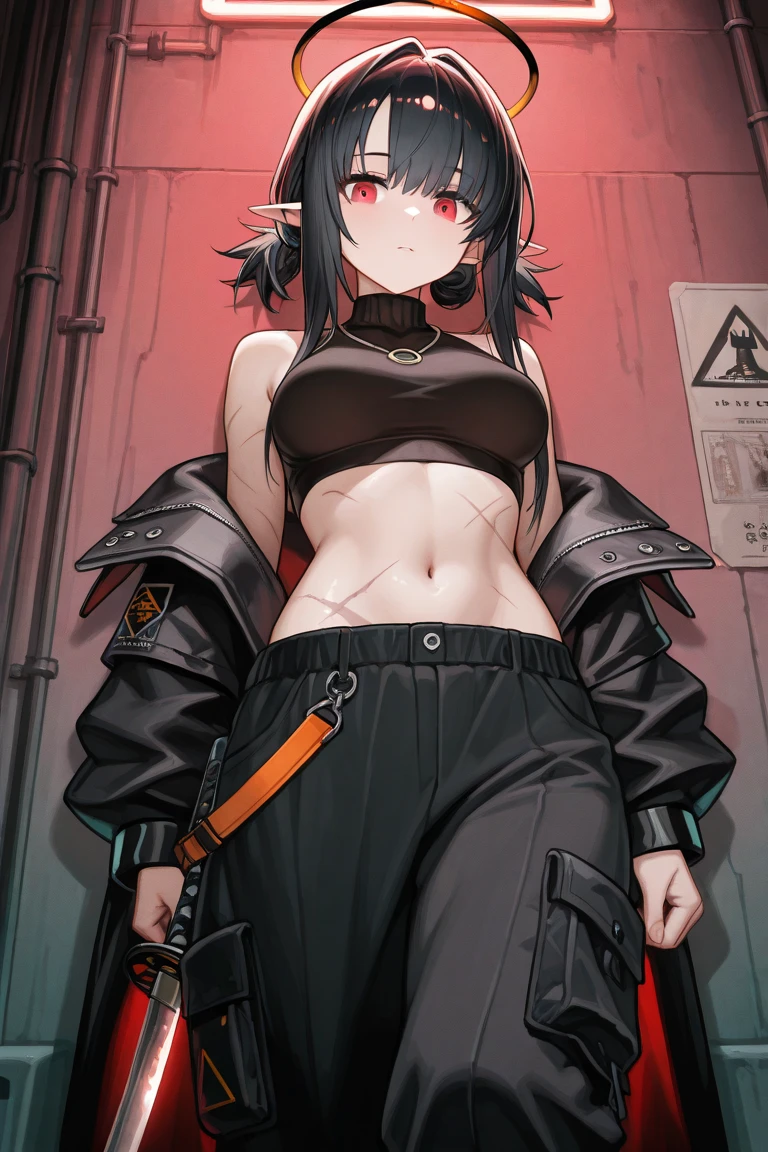 best quality, masterpiece, 1 girl, devil girl, sobbing, (red colored skin:1.2), (bright red eyes:1.3), (black devil horns:1.4), long hair with bangs, tattooed body, black and red bikini with cloak, (standing in cyberpunk street:1.3), (medium breast, under boobs:1.2)