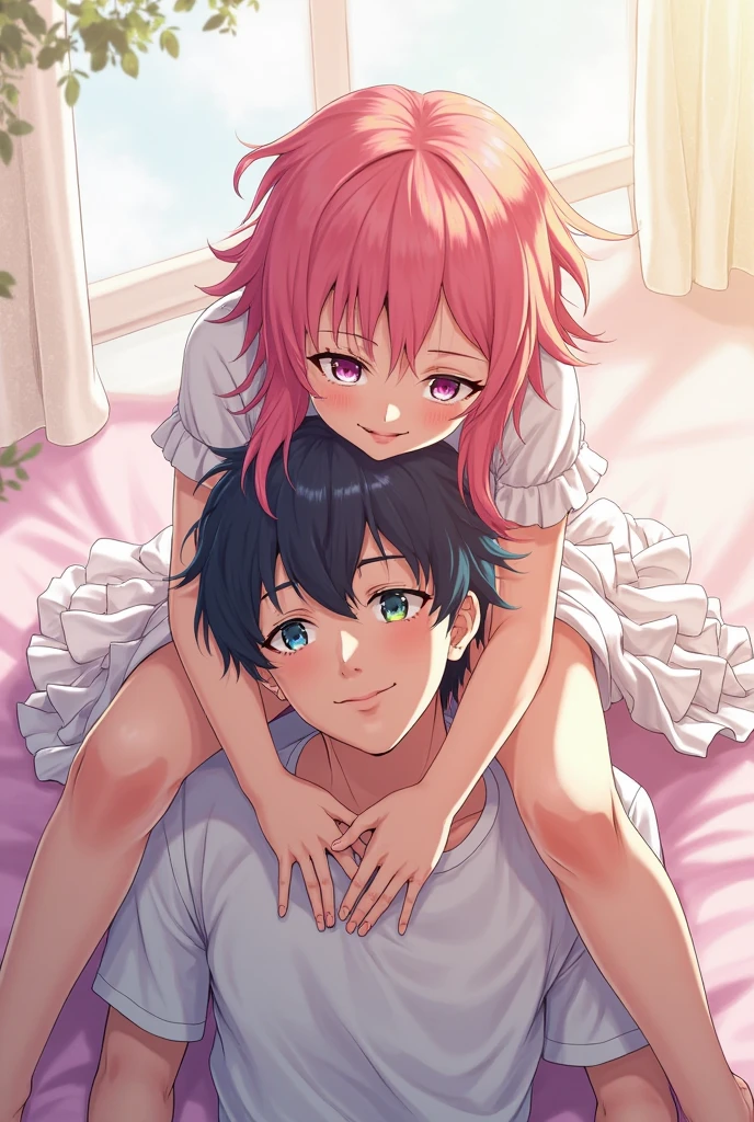 (Style-Princess) (1 man, 1 catgirl) (hetero, couple) (crossdressing, fully clothed) (brown hair, blue eyes) (portrait) (women's clothes only) (women's beautifully feminine skintight velvet floral print frilly girly pink adorable ballet leotards) (white opaque tights, no shoes) (tiaras, pink shoulder-length silk gloves:1.3) (woman's bedroom, four-poster bed) (lying down, hugging, bending knee) (intimacy, playfulness, closeness)