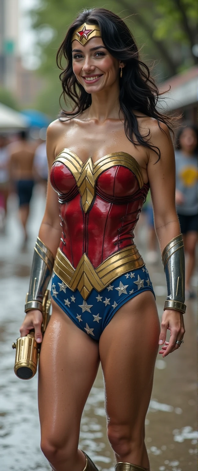 Masterpiece, Best quality, (Solo), (1girl), (photorealistic1.4), (epiCRealLife:1.0), (show large breasts), (show cleavage)),, (European model), (young woman), (JenniferConnelly90). (Wonderwoman768 ), (lynda-carter-ww-costume), (black hair), (blue eyes), (latex bodysuit),, (Wonderwoman768 tiara), ((armored bands), (red lipstick), , (spotlight), (night time), (at night), (flash photography), (on New York Street), (earring), (tiera),