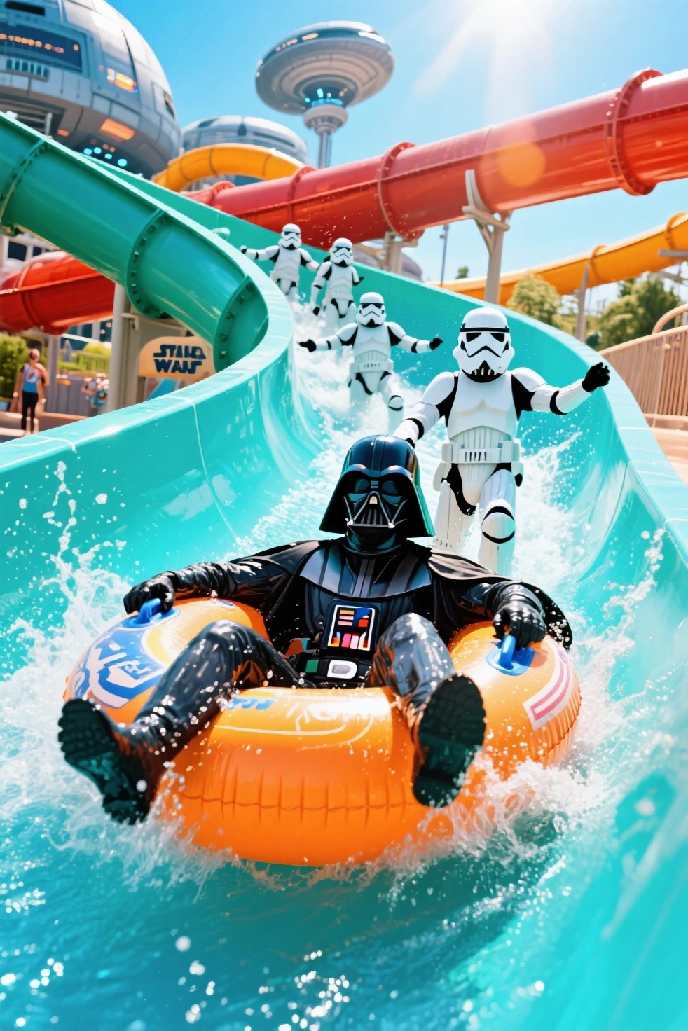 Darth Vader riding a large float gliding on a large waterslide at a water park inside a huge space colony,Stormtrooper getting swept away,water park fervor,A moment full of smiles, exhilaration, and vibrancy.Star Wars worldview,Close up to Darth Vader,