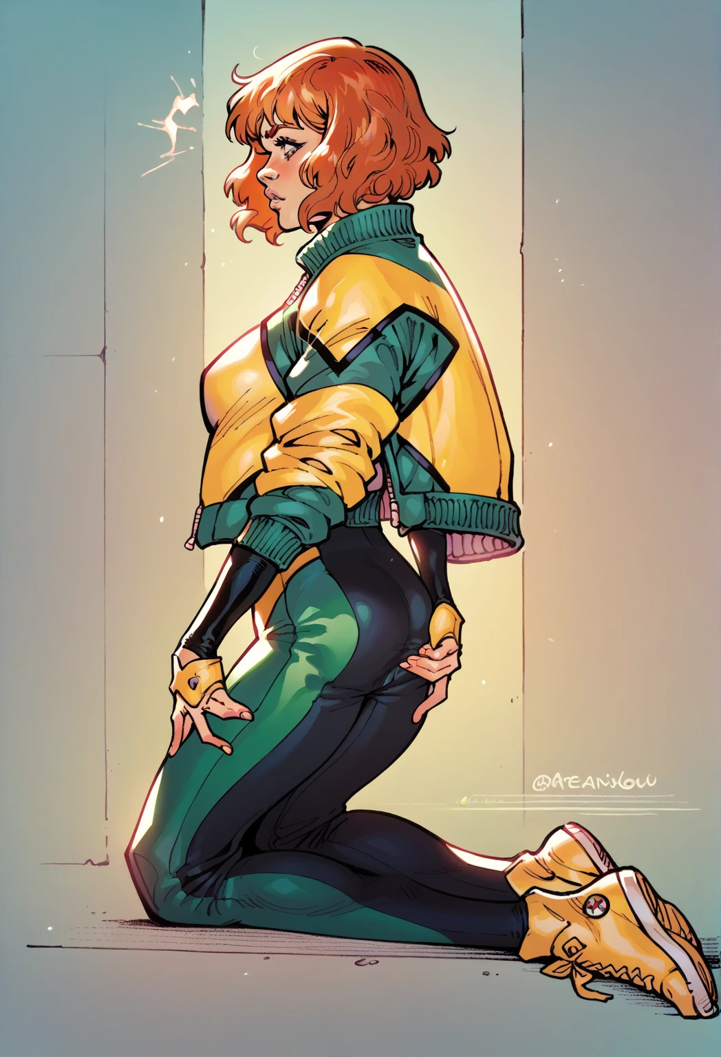 A sexy woman, sensual, beautiful beauty, big breast, short orange hair, squares her brown eye, wearing a green bra and dark green metallic pants, green heels, and a yellow glove.