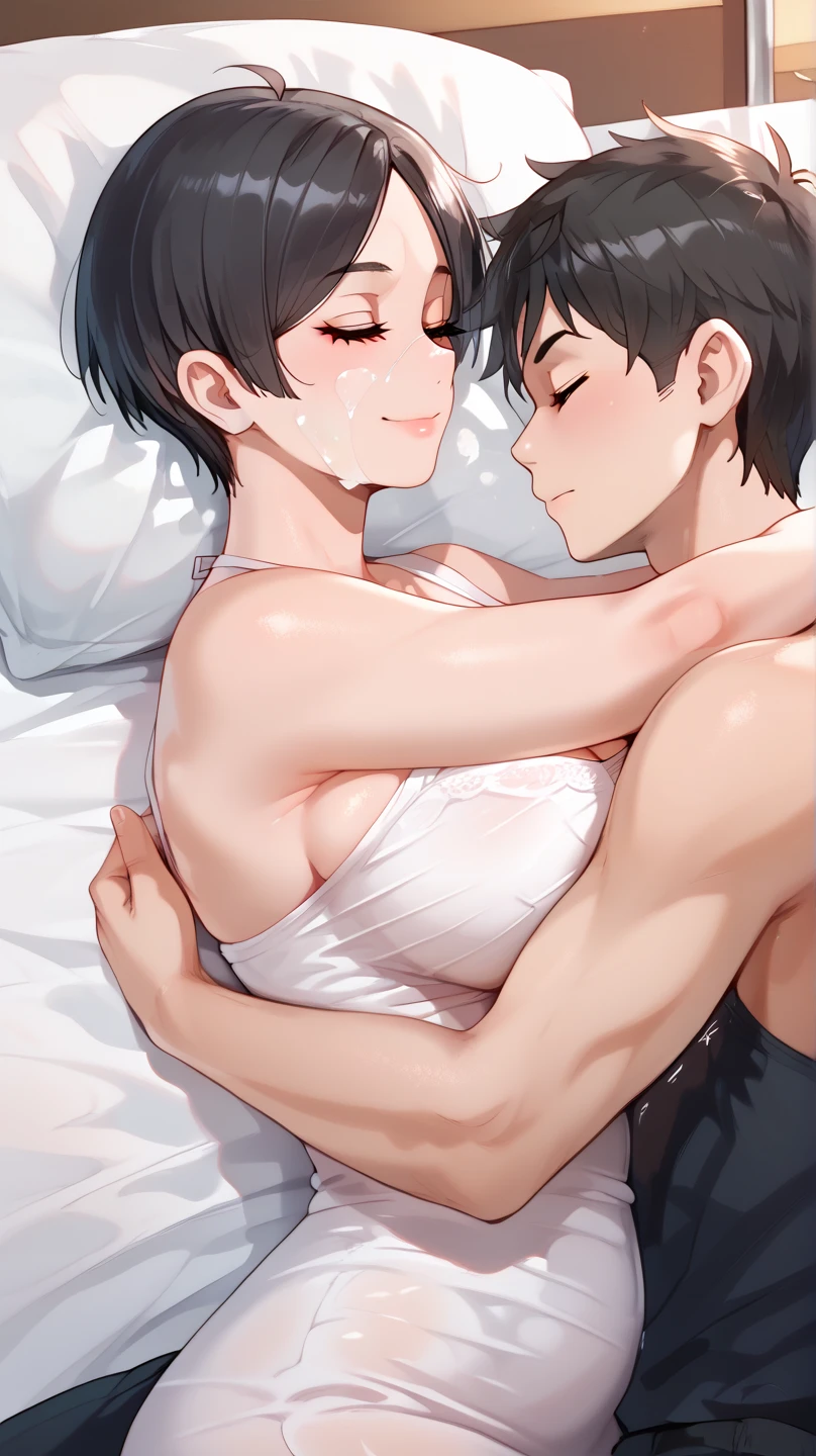 night、Bedroom、Completely naked、Black Hair、Short Hair、Japanese、mother、Age 35、Big Breasts、bed、sex、、intense、