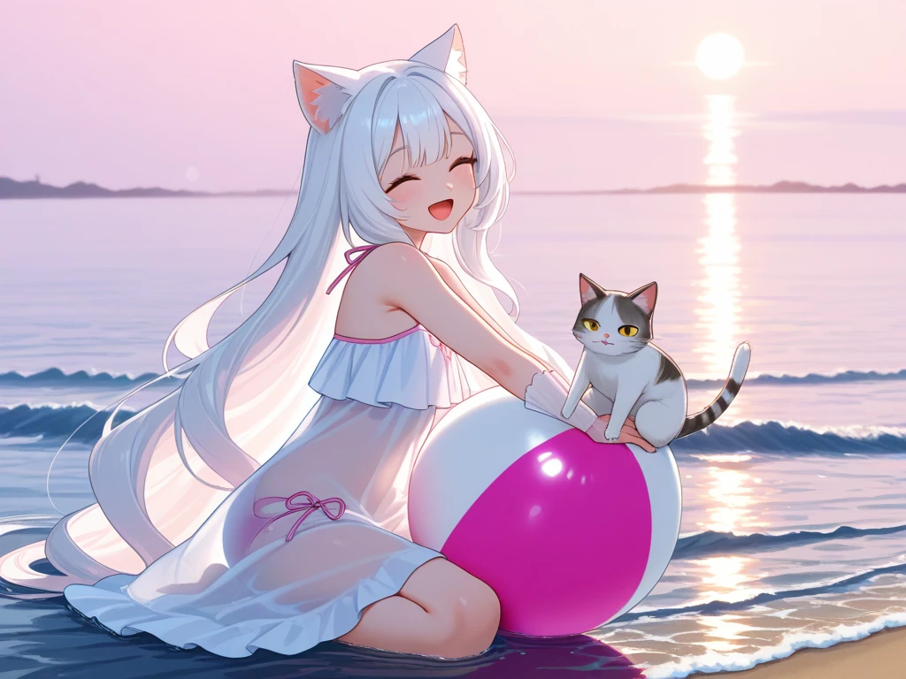 Cat ears and cow print bikini Beauty Beautiful feet Beach parasol watermelon Swimming in the sea