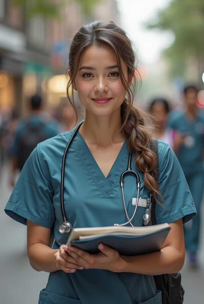 
There Woman, 25, years old, in nurse's clothes, with arms crossed, with a marketing pose, film grain, sunny background