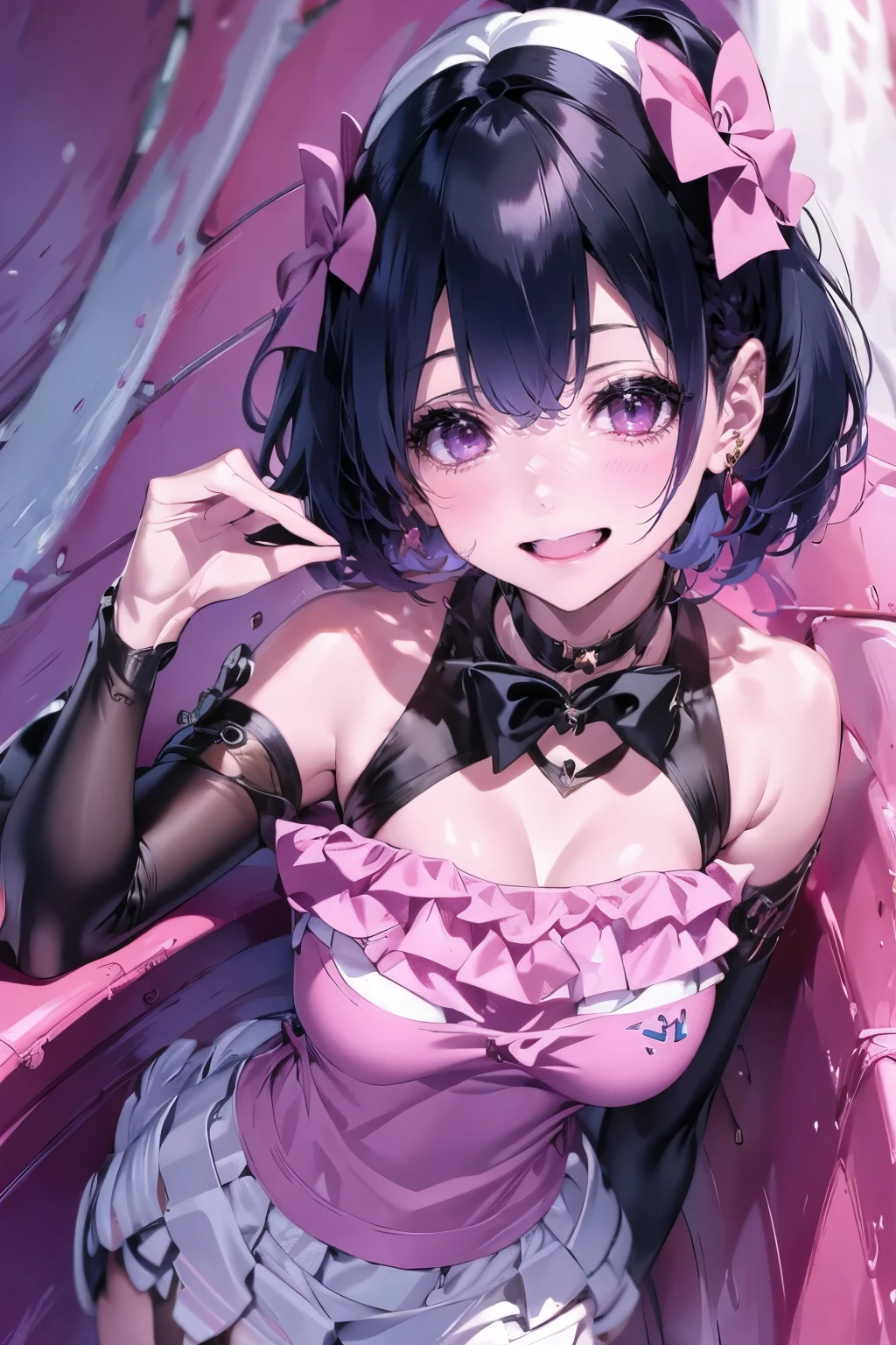 Kneeling,Straight Stand,Hands behind back,Both hands tied,open mouth,tongue out,cum on tongue,1girl,((((())))),(((((Short,))))),slender,small breasts ,front face,from front,front view,looking at viewer, looking ahead,(from above:2.0),cowboy shot,Black Hair,Twin tails,Gray Eyes,Drooping eyes,slit pupils,narrow eyes.Mischievous smile,Sheer black and pink negligee,Sexy Lingerie,Collar with leash,Dimly lit room,Gray wall,On the bed,Dim lighting,Beautiful and detailed anime art