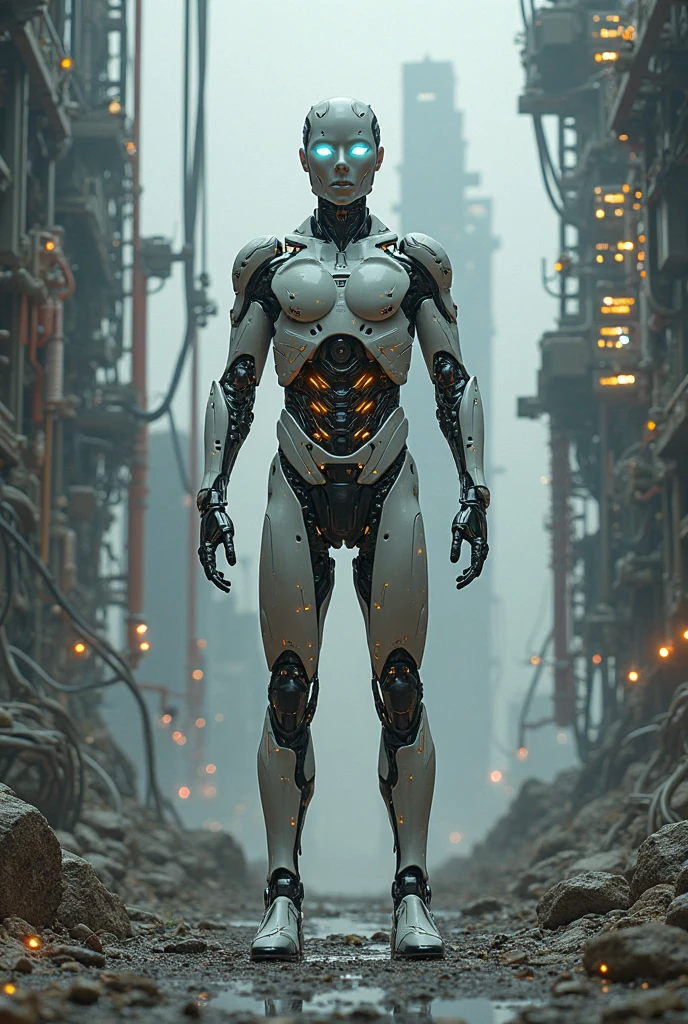 there is a robot that is standing in the fog, dystopian sci-fi character, sci - fi character, detailed humanoid, cyberpunk robot, cybernetic body, movie still of a cool cyborg, cyborg body, futuristic robot body, deep cyberpunk mechanoid, cyber suit, cyborg fashion model, sci - fi suit, cybernetic and highly detailed