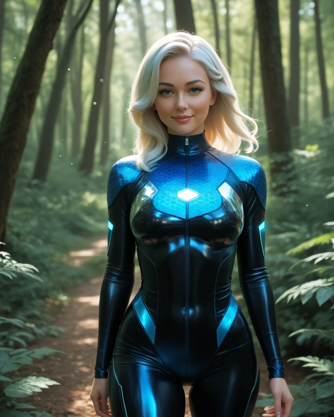 dove cameron posing gracefully in a mesmerizing green forest, wearing stylish black leggings that hug her curves perfectly. the sunlight filters through the tall trees, casting a soft ethereal glow on her as she strikes a confident and captivating pose.