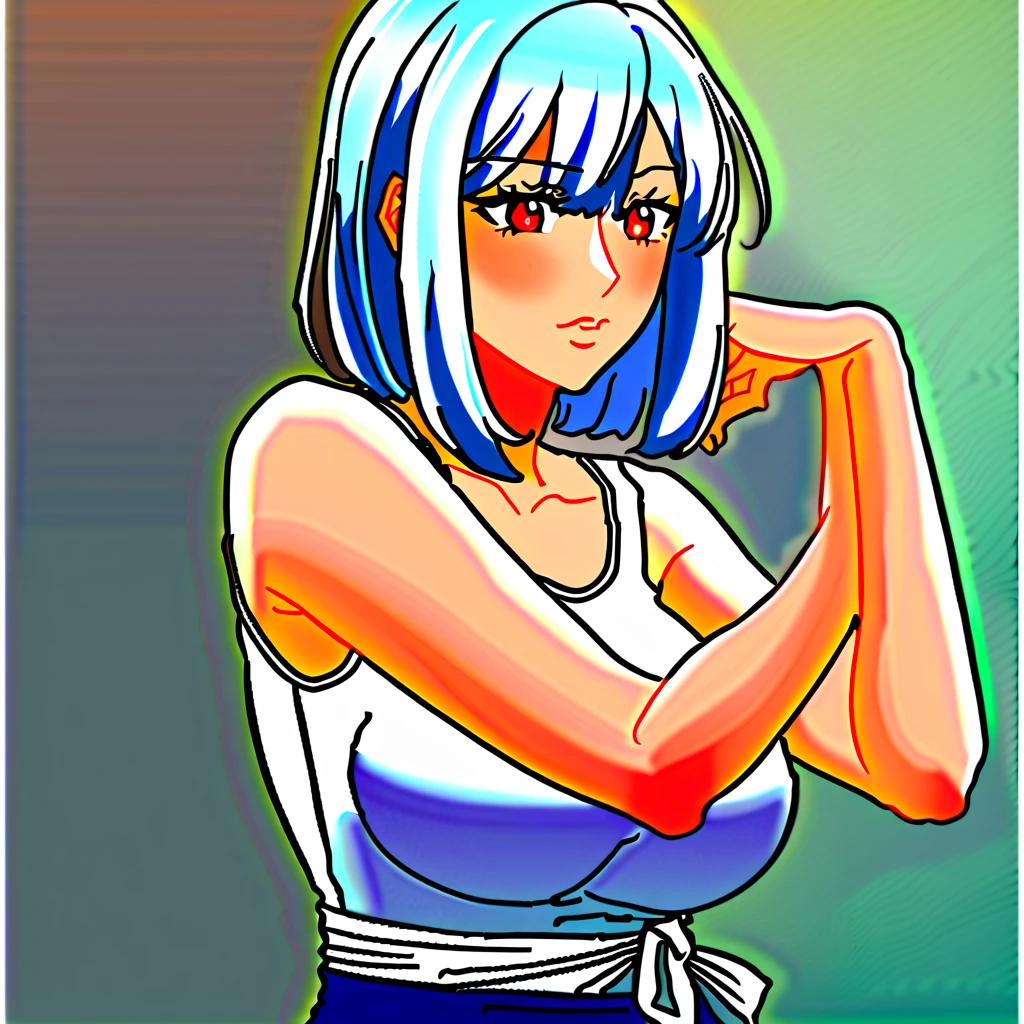 The background is all white　White tank top　smile