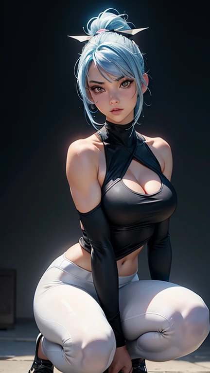 (masterpiece, best quality) solo, 1girl, 1girl,solo, extremely small breasts, cowboy shot, outfit-km, short hair, white hair, red eyes, hair ribbon, ribbon, earrings, smile, silver hair, squatting, sweat, wet skin, abs, muscular, pov, view from above, steaming body, flexing muscles, dynamic pose, purple dress, pelvic curtain, elbow gloves, purple thighhighs, dark background, smol body