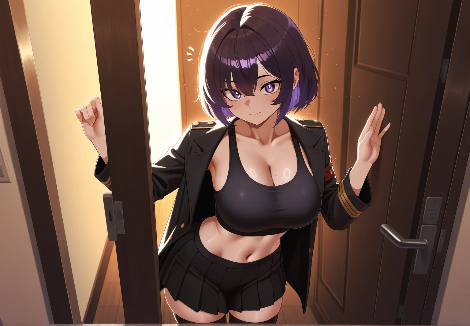 ((Masterpiece)), perfect anatomy, perfect shading, field of depth, (best quality), extremely delicate and beautiful, perfect lighting, detailed face, ultra cute face, cute, (cowboy shot 1.2), looking at viewer, full body, (((1girl))), (((solo))), goth girl

Short hair, black hair, pale skin, green eyes, eye liner, ear piercings, seductive smile, (black laced crop top 1.5), (black short sectioned skirt 1.5), fishnet stockings, ((wide hips)), (((thick thighs))), (chubby), chubby belly, fat folds, belly hang, 

 cafe, intricate background, detailed background, hand on hip,
