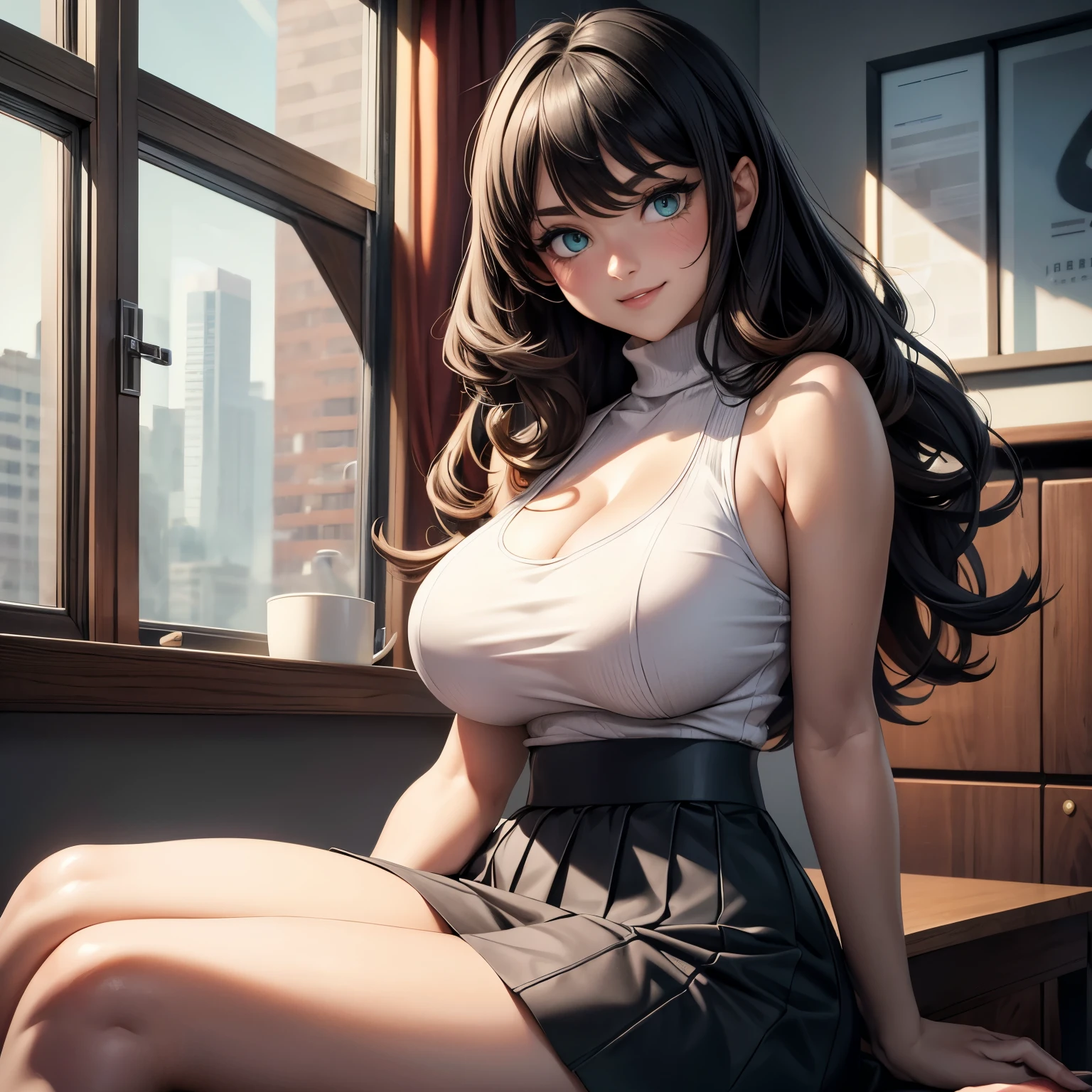 1girl,(Masterpiece: 1.3), (Maximum resolution: 1.2), (Ultra HDTV: 1.2), Cinema light, Ultra HDTV, (Detailed eyes and skin), (Detailed facial features), HDR, 8k resolution, Sharp Focus: 1.2, Perfect style, beautiful face, accurate, anatomically correct, highly detailed beauty face and skin texture, detailed eyes, brown eyes, double eyelids, thin eyebrows, glitter eyeliner: 1.2, natural cheeks, glossy skin, fair skin: 1.2, shiny little necklace and earrings, (glossy lips: 1.4), natural lighting, masterpiece, highly detailed, illustration, game CG, absurdres, high quality, medium breasts, redhead, lightly curled hair, freckles, glossy lips, looking at viewer, lips parted, classroom, white blouse, cleavage, short black pleated miniskirt, school uniform, sitting, (legs crossing:1.5)