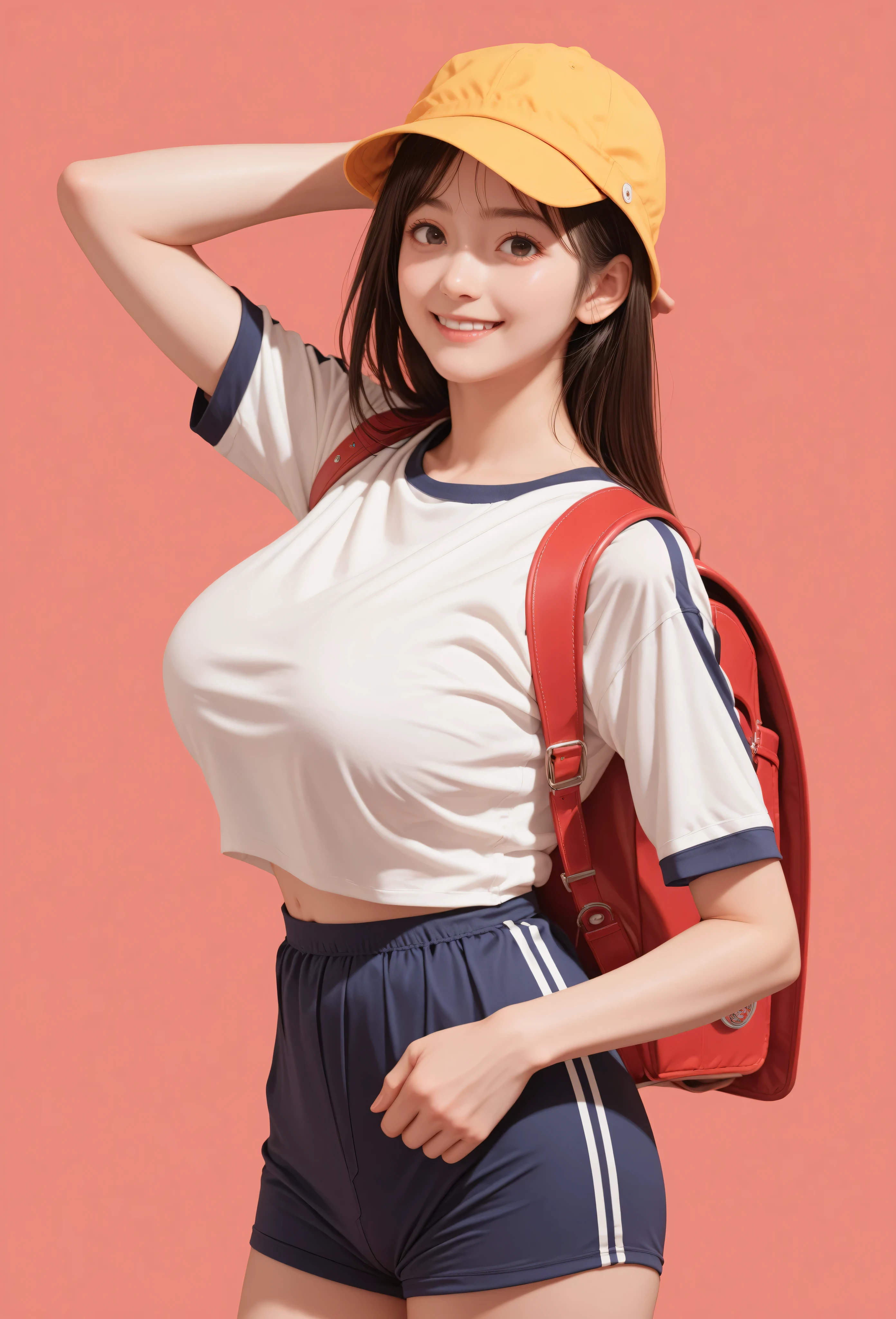 1 girl,red background,gap,,Luanie0159 ,satchel,gym clothes,backpack,yellow hat,school hat, score_9, score_8_up, score_7_up, score_6_up, score_9, score_8_up, score_7_up, score_6_up source_anime, , 1 girl, Deuce Smile, perfect body , natural huge breasts